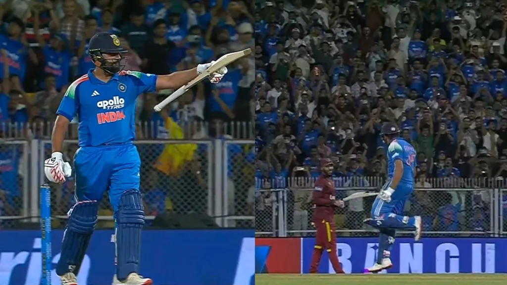 Rohit Sharma performing his jumping dance celebration after scoring his 35th ODI hundred in the IND vs WI 2nd ODI