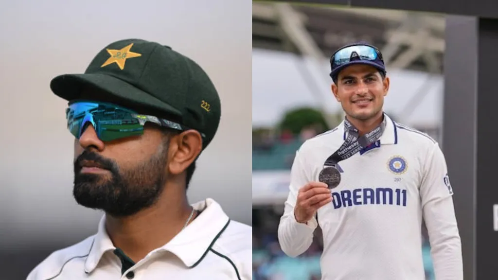 Babar Azam in a green Pakistan cap and reflective sunglasses; on the right, Shubman Gill in India’s white Test kit, smiling and holding a medal.