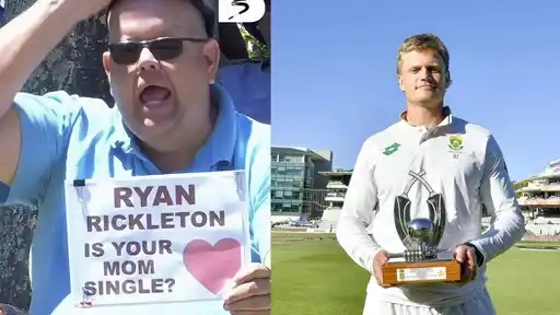 Fan holding a placard asking ‘Is your mom single?’ for Ryan Rickelton during the South Africa vs Australia 3rd Test