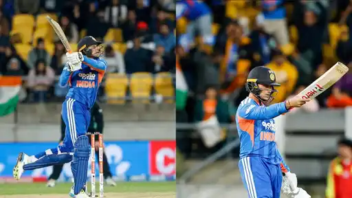 Abhishek Sharma plays an attacking shot during his rapid fifty as India chase 199 against New Zealand in the 3rd T20I in Wellington.