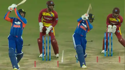Abhishek Sharma celebrates after reaching 2,000 T20I runs in 1,024 balls, the fastest in T20I history, during the IND vs WI 3rd T20I