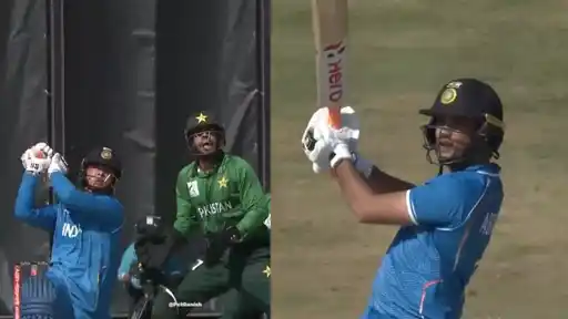 Abhishek Sharma and Vaibhav Sooryavanshi batting against Pakistan in the Asian Games 2026 final after a 24-run over off Saad Masood