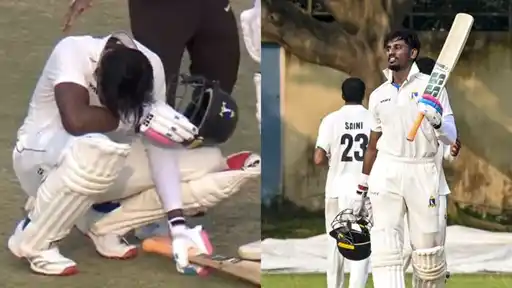 Bengal batter Abishek Porel in tears after completing his century against Delhi in the Ranji Trophy 2026-27 match at Kalyani.
