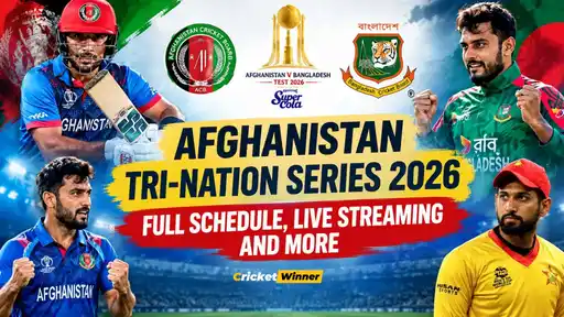 Afghanistan, Bangladesh and Zimbabwe ODI Tri-Nation Series 2026 graphic showing match dates, squads and live streaming details for the UAE tournament