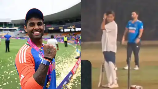 Akash Ambani and Suryakumar Yadav playing cricket together in Mumbai, from a video that went viral on social media.