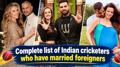 Collage of Indian cricketers with their foreign-born wives, including Hardik Pandya, Yuvraj Singh and Farokh Engineer, in the complete list of Indian cricketers who married foreigners