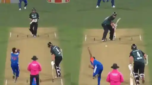 Glenn Phillips playing a switch hit off Bhuvneshwar Kumar on the final ball of the NZ vs IND 1st T20I