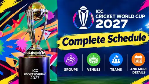 ICC Cricket World Cup 2027 schedule graphic showing groups, match dates, venues and participating teams