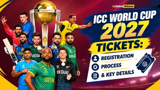 Indian cricket fans in a stadium, with ICC Men's ODI World Cup 2027 ticket registration and process details