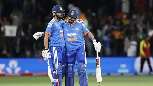 Indian batters celebrating after chasing down 225 against New Zealand in the first T20I