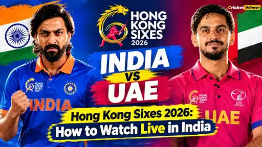 India vs UAE Hong Kong Sixes 2026 graphic with Krunal Pandya, match time in IST and FanCode live streaming details