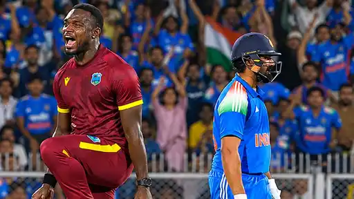 Jayden Seales of West Indies copying Rohit Sharma's jumping dance celebration after dismissing him for 101 in the IND vs WI 2nd ODI