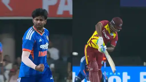 Mayank Yadav celebrates after dismissing Shimron Hetmyer for a golden duck with a 144 kmph delivery in the IND vs WI 2nd T20I