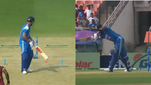 India batter in blue kit looks at his disturbed stumps after being bowled, with West Indies bowler Seales, shirt number 33, in the foreground during the IND vs WI 3rd ODI