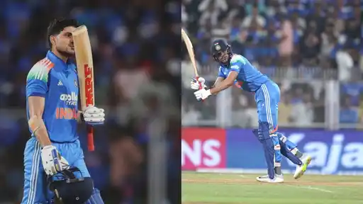 Shubman Gill raises his bat after smashing his back-to-back ODI century in the IND vs WI 2nd ODI