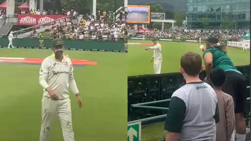 Australian spinner Nathan Lyon reacts to a South African fan’s sandpaper taunt during the SA vs AUS 3rd Test