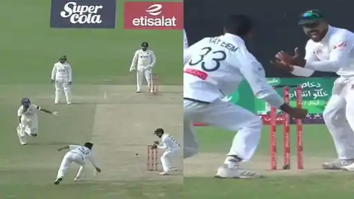 Bangladesh’s Nayeem Hasan misses a run-out chance against Qais Ahmed during the Afghanistan vs Bangladesh one-off Test