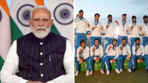 India’s men’s cricket team celebrates with the Asian Games 2026 gold medal after beating Pakistan in the final at Nisshin