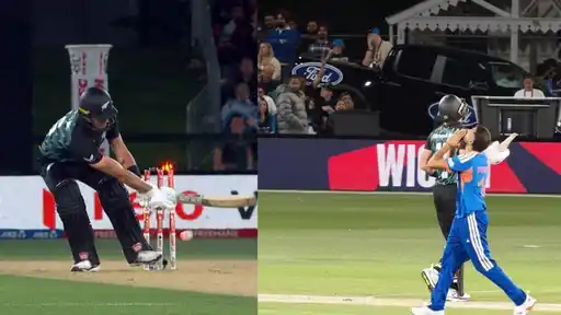 Prince Yadav celebrates after an inswinger crashes into Finn Allen’s stumps during the New Zealand vs India 2nd T20I.