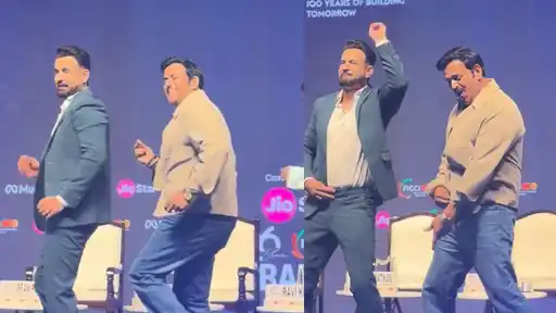 Irfan Pathan copying Ravi Kishan's viral Gucci dance steps on stage at the FICCI Frames 2026 eventIrfan Pathan copying Ravi Kishan's viral Gucci dance steps on stage at the FICCI Frames 2026 event