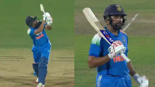 Rohit Sharma hitting a six during the IND vs WI 2nd ODI as he completes 200 ODI sixes