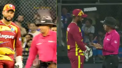 Shai Hope and Roston Chase in a heated discussion with the on-field umpires during the IND vs WI 3rd T20I