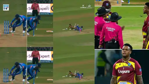 Shimron Hetmyer reacts angrily after a controversial run-out involving Shreyas Iyer and Sanju Samson in the IND vs WI 1st T20I