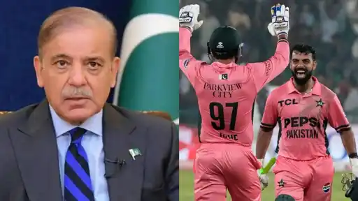 Pakistan cricket team celebrating their win over England in Lahore, after which Prime Minister Shehbaz Sharif congratulated the players