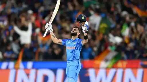 Virat Kohli celebrating his unbeaten 82 against Pakistan at the MCG in the 2022 T20 World Cup