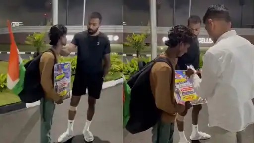 Hardik Pandya embraces a fan who walked 2,390 km to meet him, before offering him a return ticket