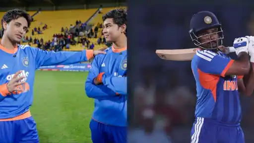 Collage of two India players in blue training kit talking on the outfield with empty stands behind them, and an India batter in a navy helmet completing a shot, after the 3rd T20I against New Zealand