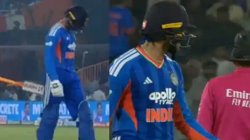 Abhishek Sharma looks down in frustration after his dismissal in the IND vs WI 4th T20I