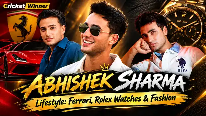 Abhishek Sharma Lifestyle: Ferrari, Rolex Watches & Fashion" showing three illustrated young men in front of a red Ferrari sports car, a gold Rolex chronograph watch and a white polo shirt