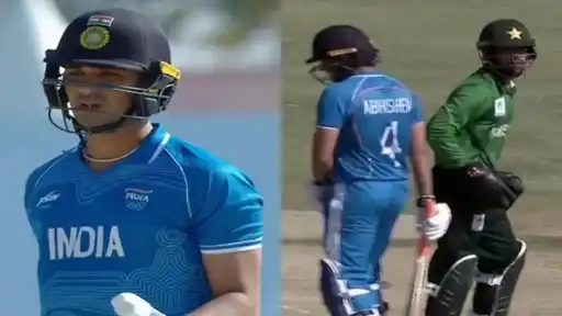 India batter in blue kit in close-up beside a frame of Abhishek, jersey number 4, standing near a Pakistan wicketkeeper in green gloves during the IND vs PAK Asian Games 2026 gold medal match