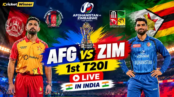 Cricket Winner graphic with a Zimbabwe player in an orange and red kit and an Afghanistan player in a blue kit, with a trophy and the text AFG vs ZIM 1st T20I Live in India