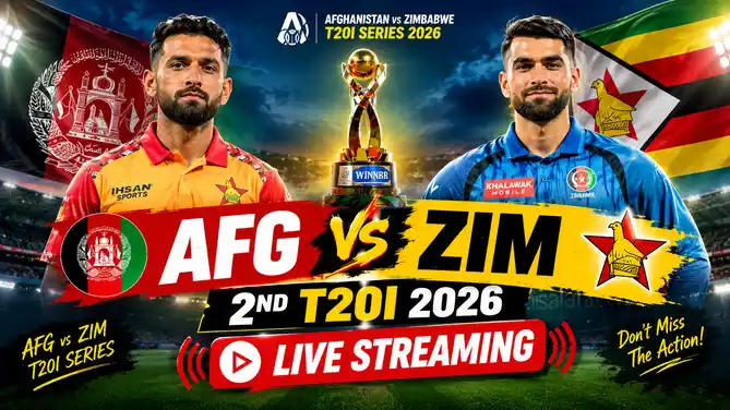 Graphic showing how to watch the Afghanistan vs Zimbabwe 2nd T20I 2026 live in India, with date, 8:00 PM IST timing, Sharjah venue and live streaming details