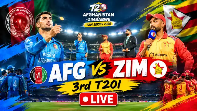 Graphic showing how to watch the Afghanistan vs Zimbabwe 3rd T20I 2026 live in India, with date, IST timing, venue and live streaming details
