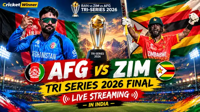 A cricketer in Afghanistan’s blue kit and sunglasses and a cricketer in Zimbabwe’s red kit raising his arms stand in front of their flags with a trophy between them, above the text AFG vs ZIM Tri Series 2026 Final Live Streaming in India