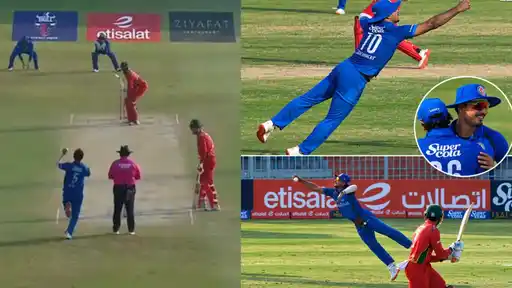 Afghanistan’s Allah Ghazanfar dives to his right at short square leg to take a one-handed catch and dismiss Tafadzwa Tsiga in the Tri-Series 2026 final against Zimbabwe in Sharjah