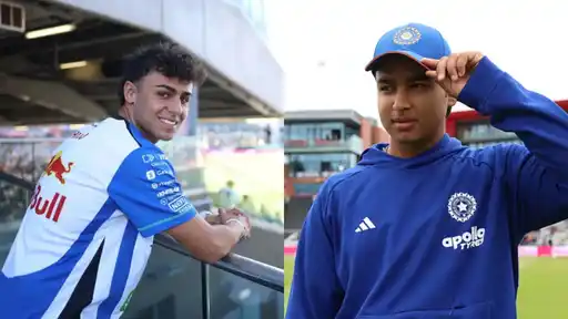 Two-frame collage: a smiling young driver in a Red Bull racing shirt leaning on a railing at a stadium on the left, and a young cricketer in an India blue hoodie and cap touching its peak on the right