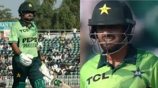 Two-frame collage of a Pakistan batter in a green kit and dark helmet, standing at the crease in front of a stand with spectators on the left, and in close-up with a slight smile on the right
