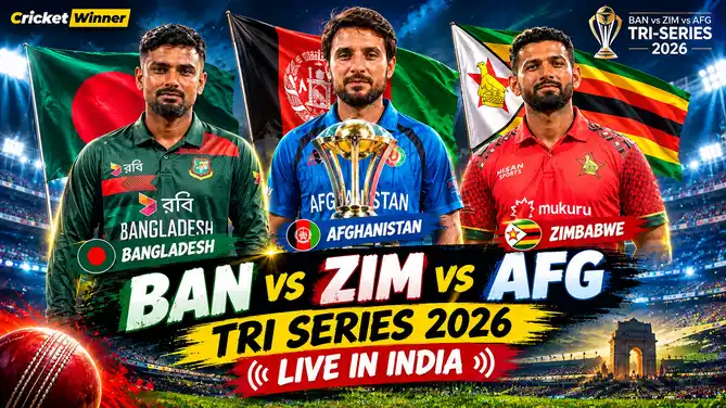 Three cricketers in Bangladesh green, Afghanistan blue and Zimbabwe red kits stand before their national flags with a golden trophy, above the text BAN vs ZIM vs AFG Tri Series 2026 Live in India
