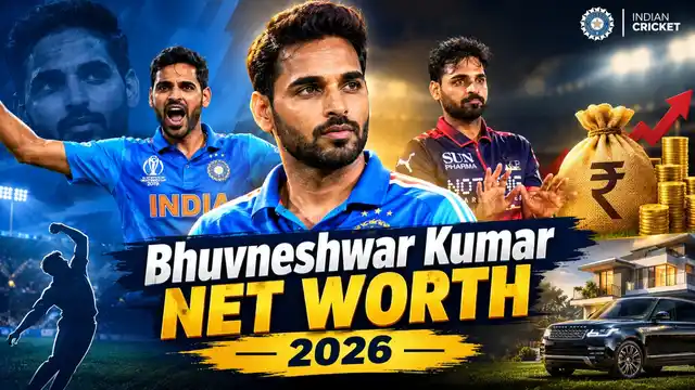 Bhuvneshwar Kumar Net Worth 2026” showing the pacer in India and RCB jerseys, with a bag of rupee coins, a luxury house and a black SUV.