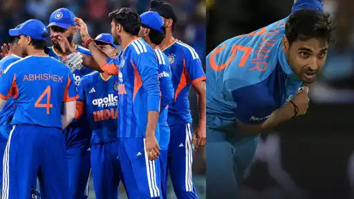 India players in blue jerseys gather in a huddle in a T20I, and a bowler with "KUMAR" and the number 15 on his jersey in his delivery stride