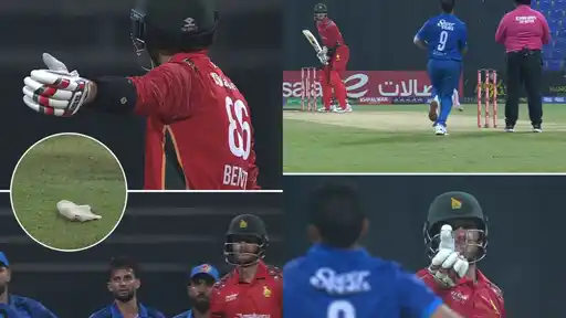 Four-panel collage of a dead-ball dispute: a Zimbabwe batter in red points at the ground, a circled inset shows a white cloth on the grass, a bowler in blue runs in with an umpire watching, and the batter points again as Afghan fielders look on