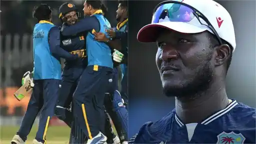 Two-frame collage: Sri Lanka players in blue and navy kit embrace in celebration on a field on the left, and a man in a white West Indies cap with sunglasses on the brim and a navy West Indies shirt looks off to the side on the right