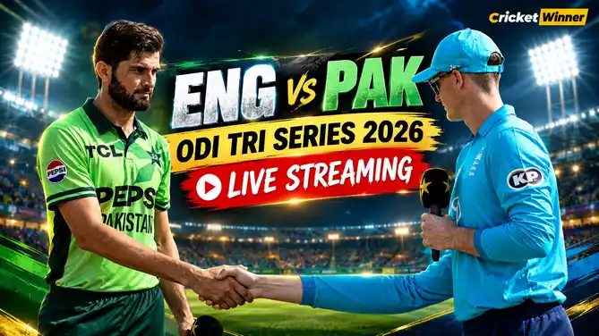 A cricketer in Pakistan’s green kit shakes hands with a person in an England light-blue cap and shirt holding a microphone, under floodlights, with the text ENG vs PAK ODI Tri Series 2026 Live Streaming