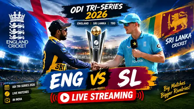 Graphic showing how to watch the England vs Sri Lanka ODI Tri Series 2026 clash live in India, with date, Lahore venue, 1:30 PM IST timing and live streaming details