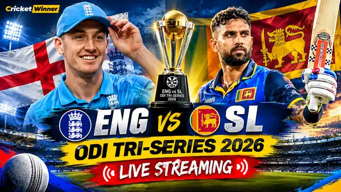A cricketer in an England light-blue cap and kit and a bat-raising cricketer in Sri Lanka’s blue kit stand in front of their national flags, with a trophy between them and the text ENG vs SL ODI Tri-Series 2026 Live Streaming