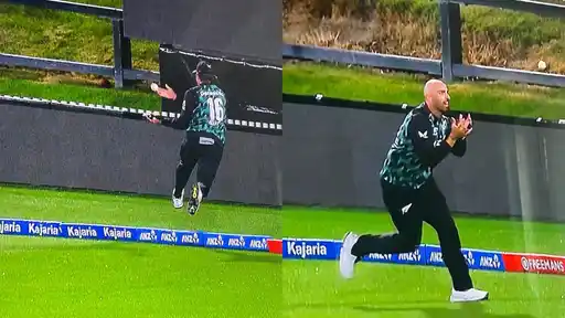 New Zealand fielders Finn Allen and Daryl Mitchell combine to take a catch and dismiss India’s Axar Patel during the 2nd T20I at Hagley Oval, Christchurch